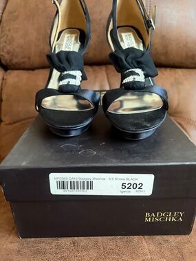 Badgley Mischka Black Satin Crystal-Embellished Evening Sandals